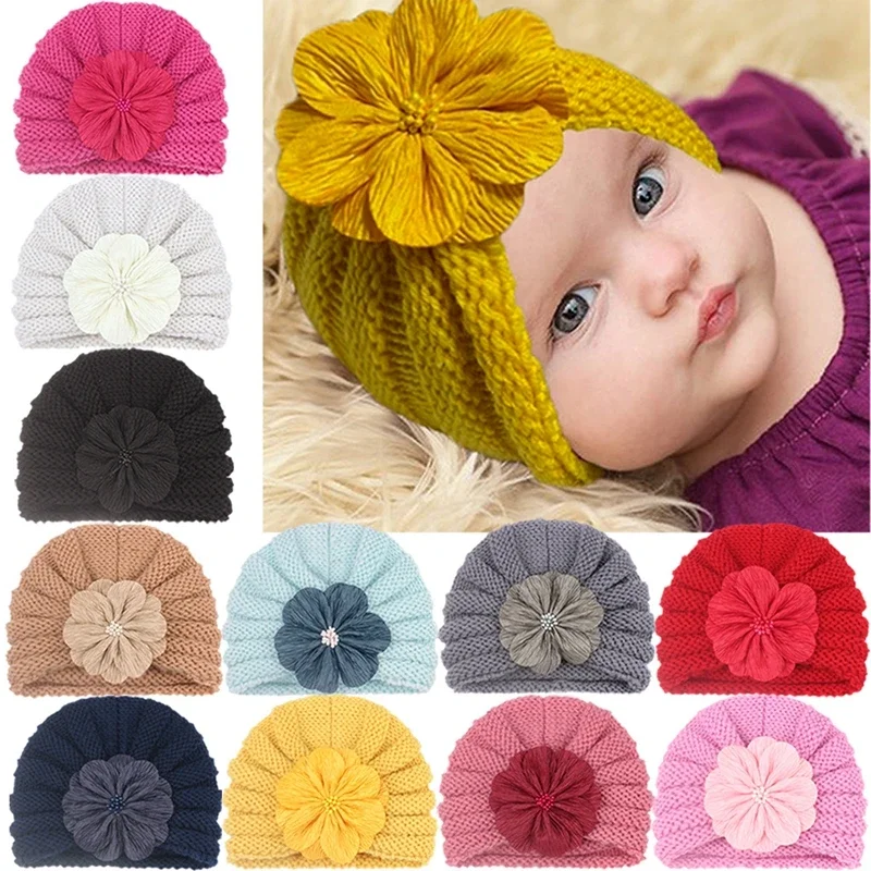 Sombreros a rayas de flores para bebés, gorros de lana de punto suave, decoración de ropa, accesorios de turbante, regalo de cumpleaños