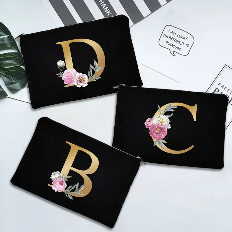 Letter Flower Print Women Cosmetic Bags Fashion Cosmetic Organizer Pouch Ladies Makeup Bag Bridesmaid of Honor Wedding Clutch