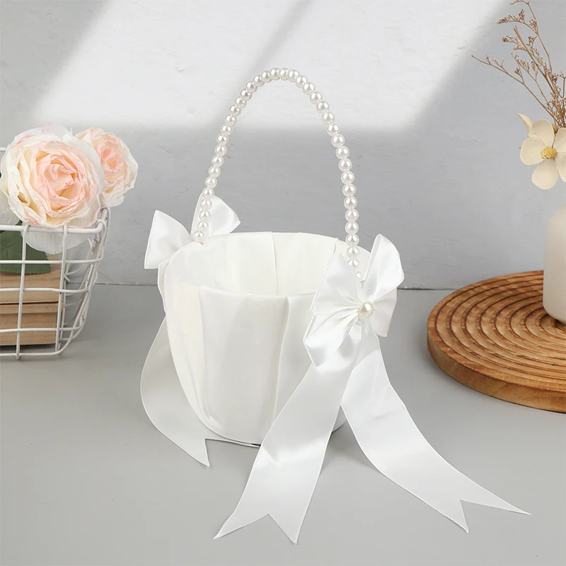 1Pc Pearl Handle Flower Basket Bow Satin White Western Rustic Bowknot Wedding Flower Basket For Floral Petals