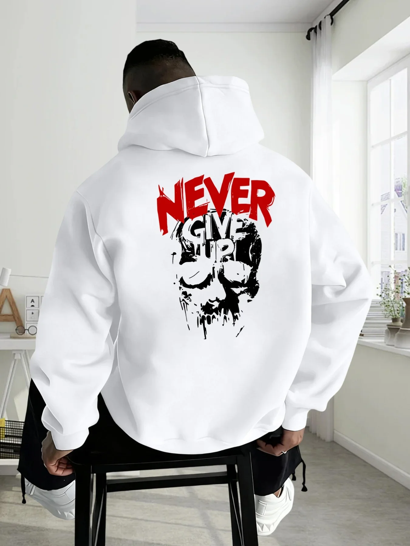 Motivational Hoodie Unisex Never Give Up Skull Gym Workout Fitness Grind Brush Trendy Oversized Casual Sport Sweatshirts