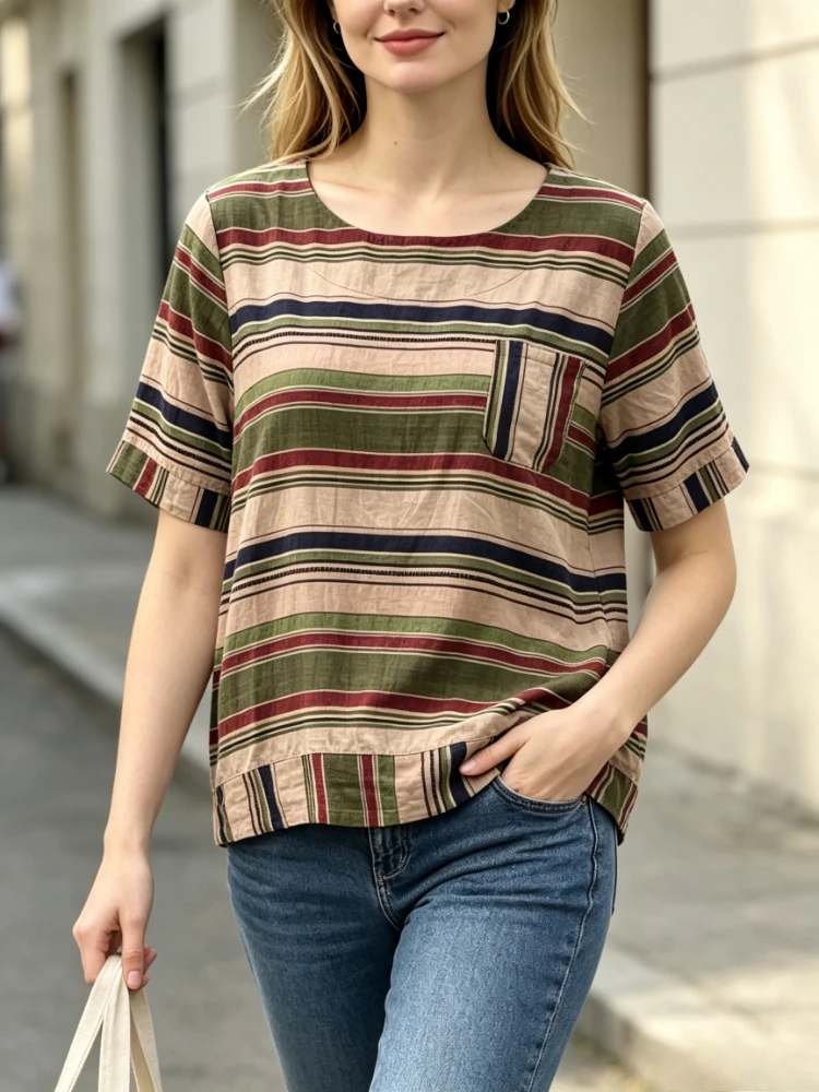 2026 Summer Women's Striped Short Sleeve T-Shirt Loose Casual Crew Neck Pocket T-Shirt Color Versatile Elegant Pullover