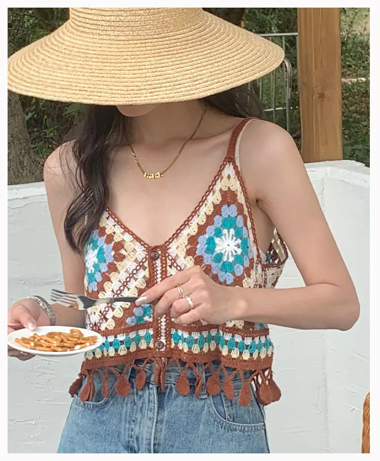 Colorful Patched Crochet Knit Cami Top Boho Tie Back Fringed Strap Crop Tank Top for Women Teengirl Summer Vacation Beach Wear