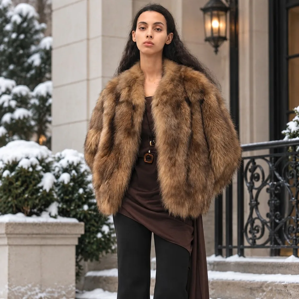 MSBEAST Imported Blue Fox Fur Gradient Dyed V-Neck Short Coat Women Amber Brown Winter Luxury Natural Fox Fur Jacket