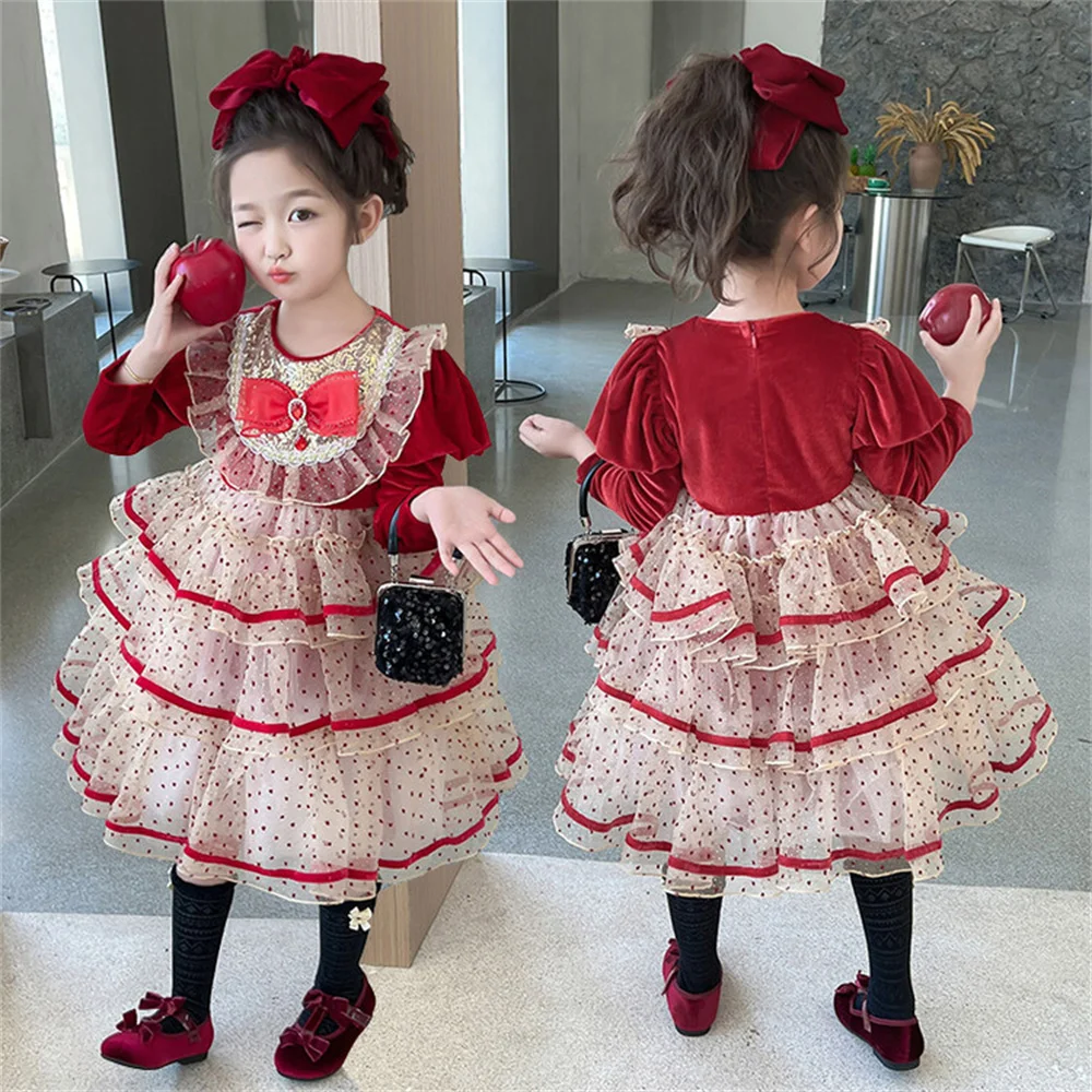 24050 Bow Red Wave Point Velvet Dress Autumn Mesh Skirt Long Sleeved Girls' Dress French Princess Skirt Fluffy Skirt