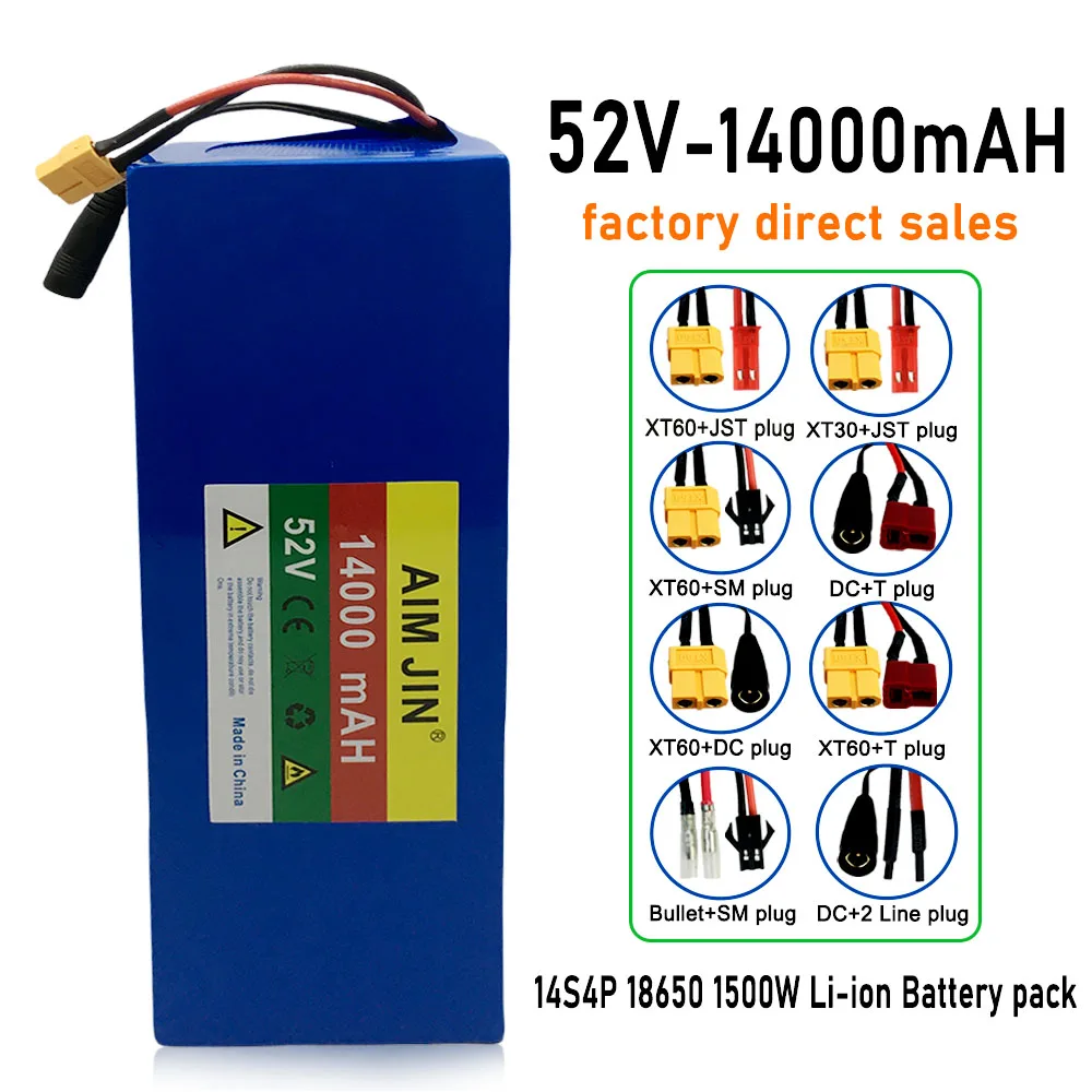 

52V 14S4P 14000mAh 18650 1500W lithium battery, high-power suitable for electric bicycles, scooters+58.8V 2A charger