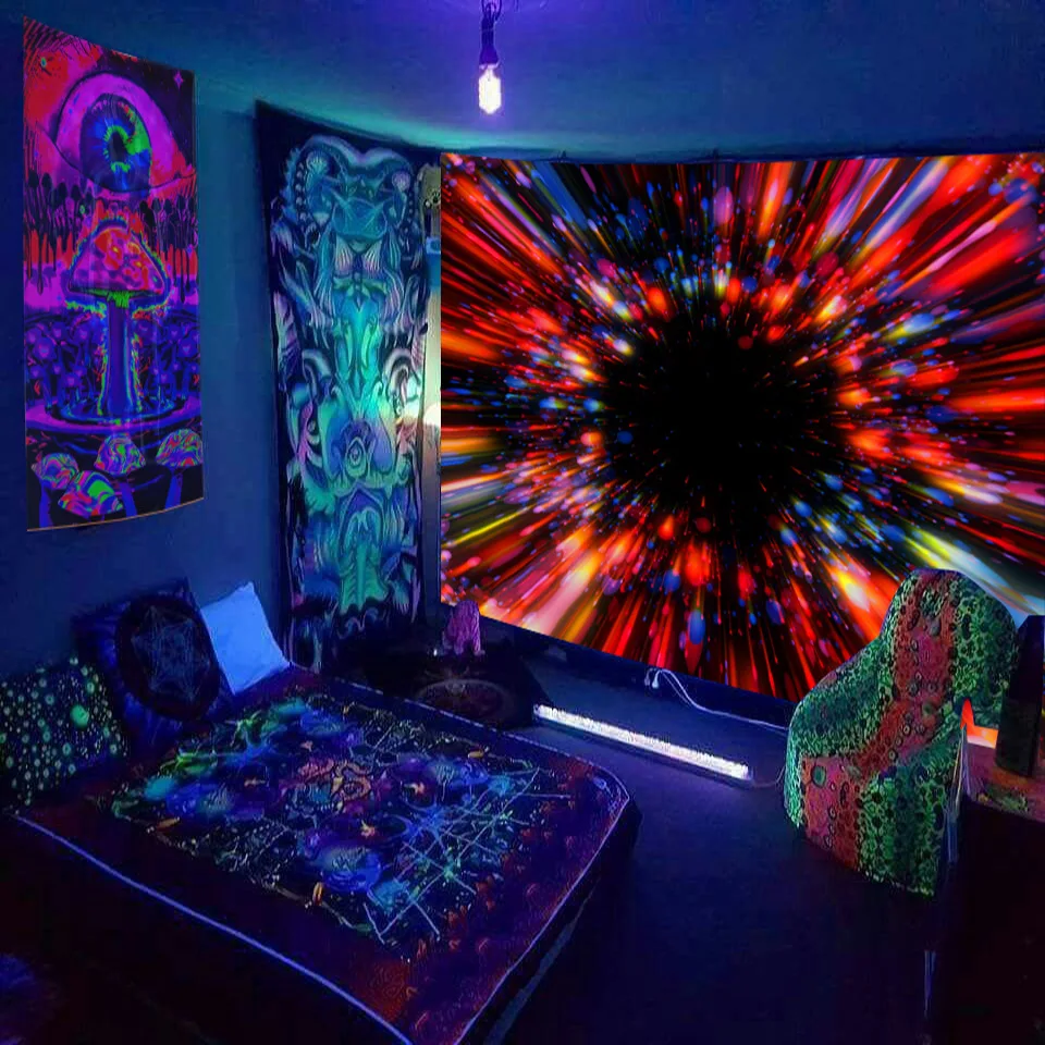 Mystery Universe Starry Sky Space Trippy Fluorescent Tapestry Wall Hanging Psychedelic Trees And Stars Tapestries For Bedroom