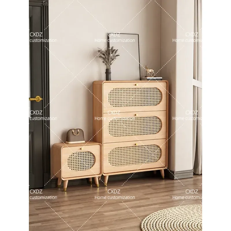 Solid Wood Ultra Thin Rattan Shoe Cabinet Simple Modern Entryway Narrow Log Color Tipping Bucket Door Storage for Home