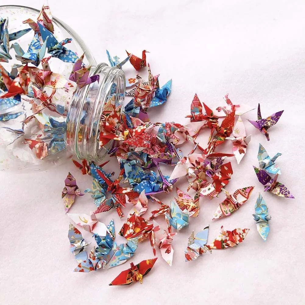 100Pcs Mini Premade Origami Washi Paper Cranes Folded Tiny Japanese Thousand Origami Cranes Yuzen Paper Doves