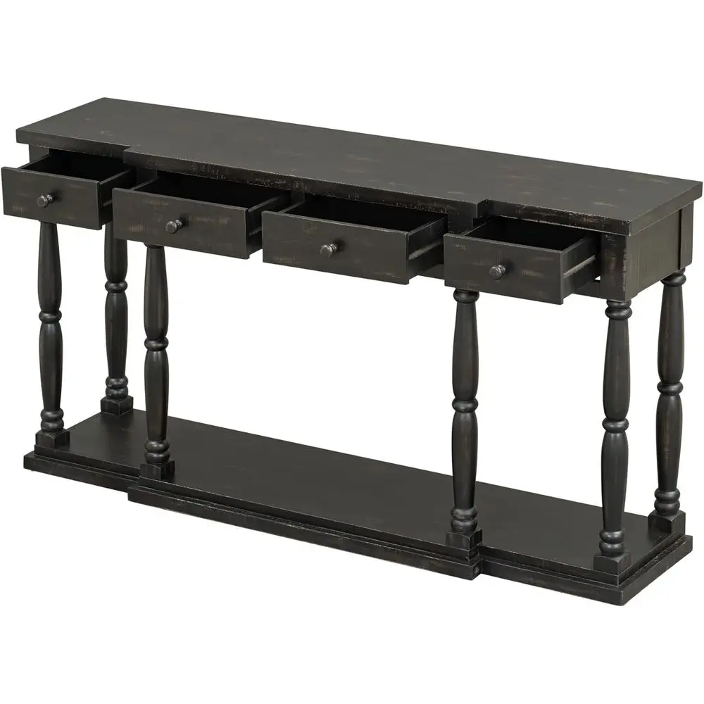 طاولة كونسول على الطراز العتيق مع 4 أدراج ورف، وخزانة بوفيه خشبية سوداء عتيقة للمدخل أو غرفة المعيشة أو غرفة النوم
