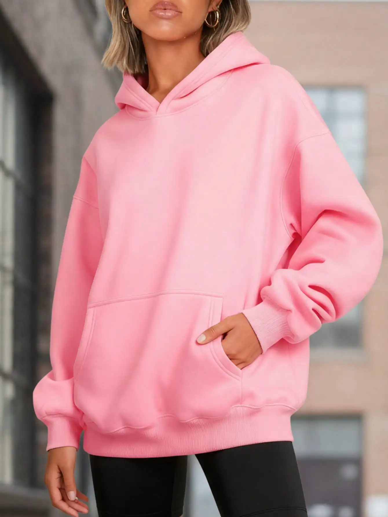 

Женская розовая толстовка оверсайз с карманом-кенгуру, мягкий флисовый пуловер