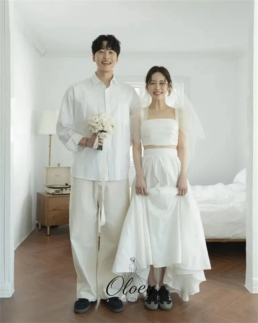 OLOEY Simple Square Neck Two Piece Korea Wedding Dress Photo Shoot Wide Strap A‑Line Customized Bridal Gown Lawn Wedding