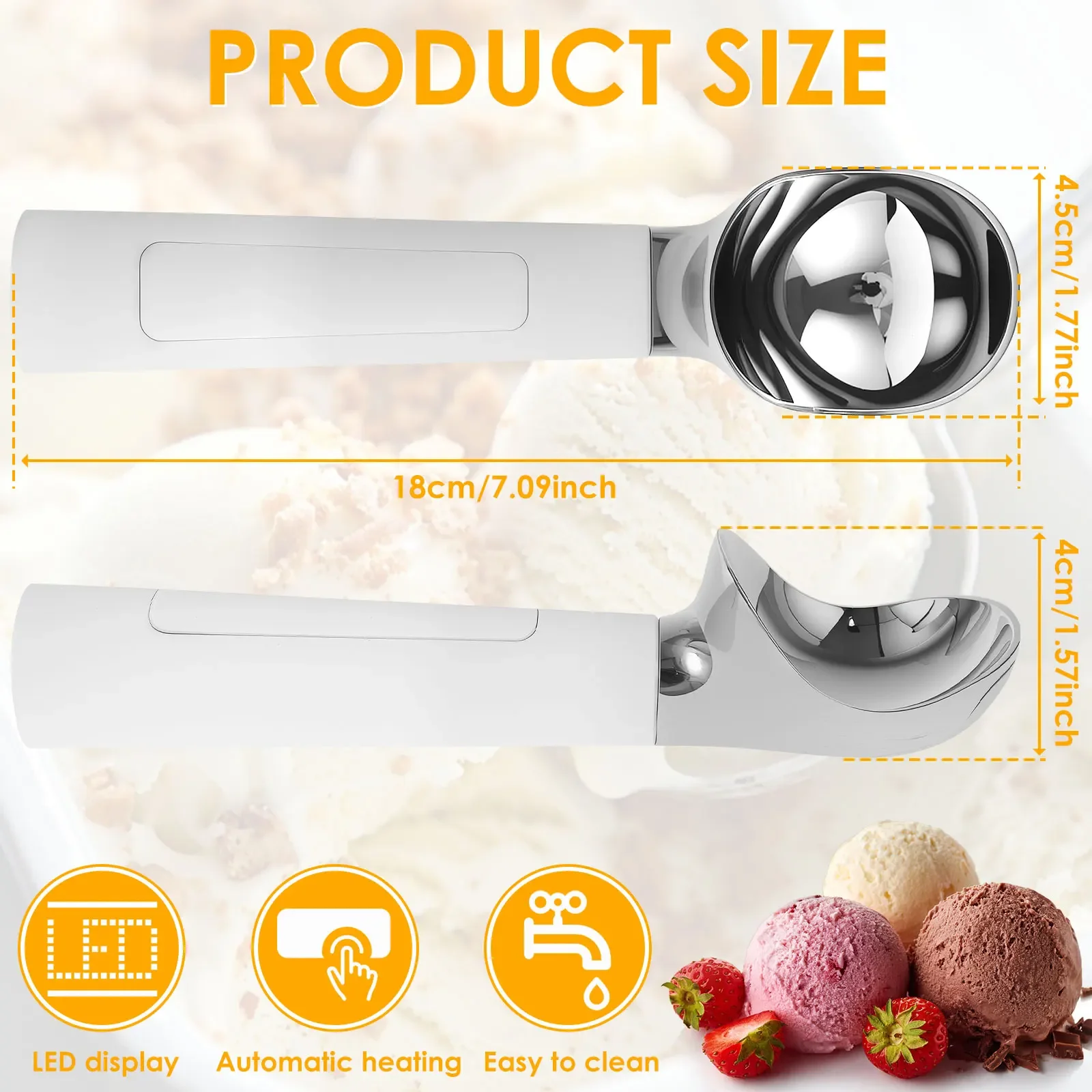 Rechargeable Heated Ice Cream Scoop Stainless Steel Self Melt Ice Cream Scoop Adjust Temperature Self Warming Spoon for Hard Ice