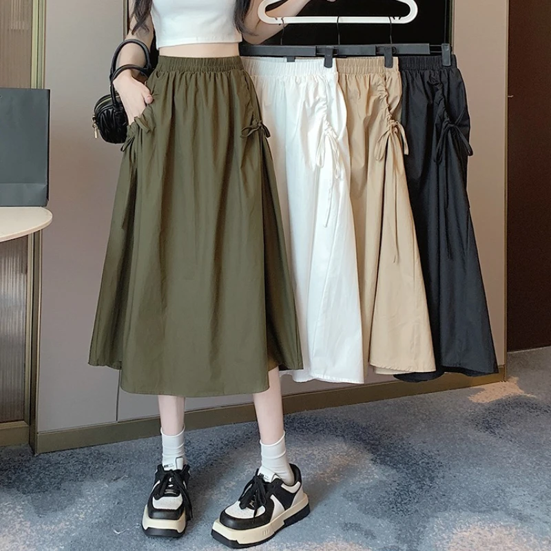 Long Skirts Women Skirt A Line Elastic Waist Drawstring Simple Pocket Streetwear Elegant Maxi White Y2k Casual Club Summer 2025