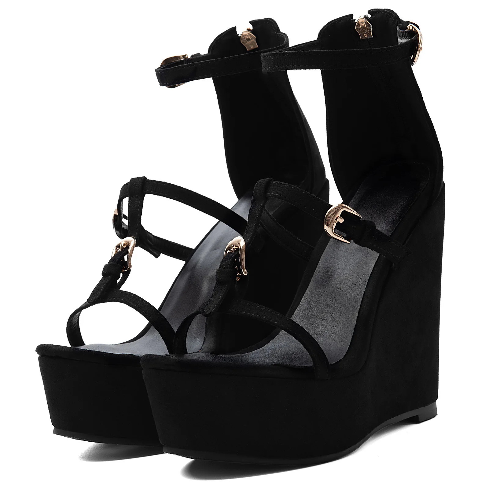 2026 Women's Shoes Black Suede Wedge Sandals with Gold Buckles, Ankle Strap, Chic Platform Heel for Summer Women's Sandals