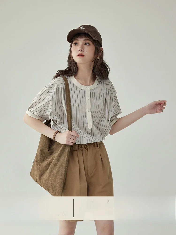 

AMUU North Island Retro Black White Stripes Short Sleeve Shirt round Neck Artistic Style Cotton Blend Summer Top Women's Fashion