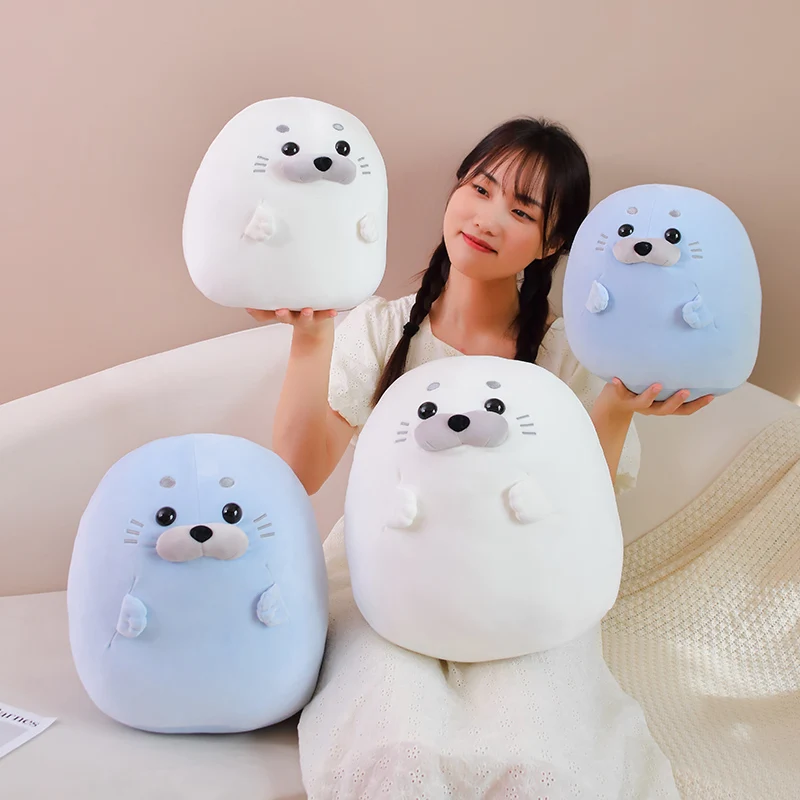 Seal Plush Stuffed Animal White/Blue Plushie Seal Round Pillow Toys Kawaii Animal Pillow Cushion Soft Toy