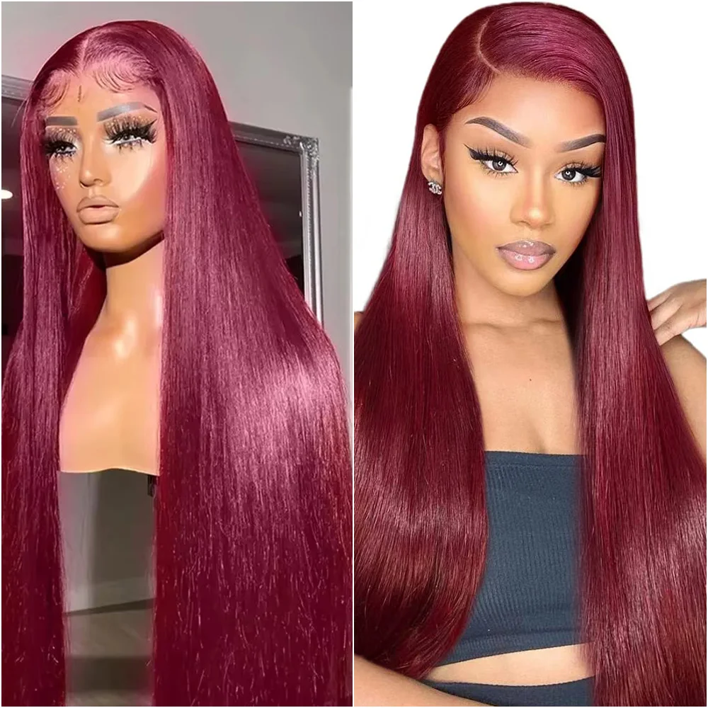 

30 40 Inch 99J Burgundy 13x4 HD Lace Frontal Human Hair Wig Bone Straight Red Colored 13x6 Transparent Lace Front Wigs For Women