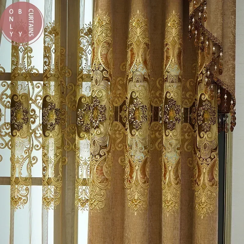 Luxury Brown Gold Embroidered Thickened Chenille Blackout Curtains for Living Room Bedroom Window Screen Custom Villa Valance