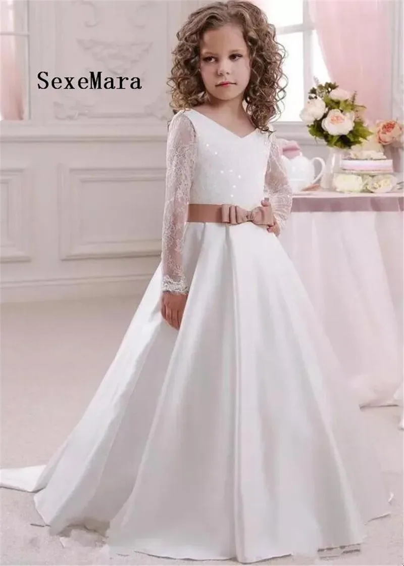 

New White Long Sleeves Flower Girl Dresses V Neck Pageant Gown With Bow Sash Girls First Communion Dress