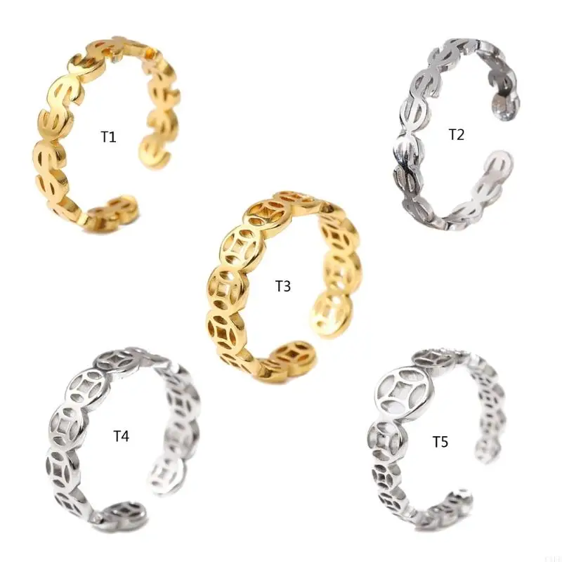 

C1FE Women Lucky Charm Ring Money Catcher Coin Vintage Hollow Stainless Steel Finger Ring FengShui Rings Jewelry Accessories