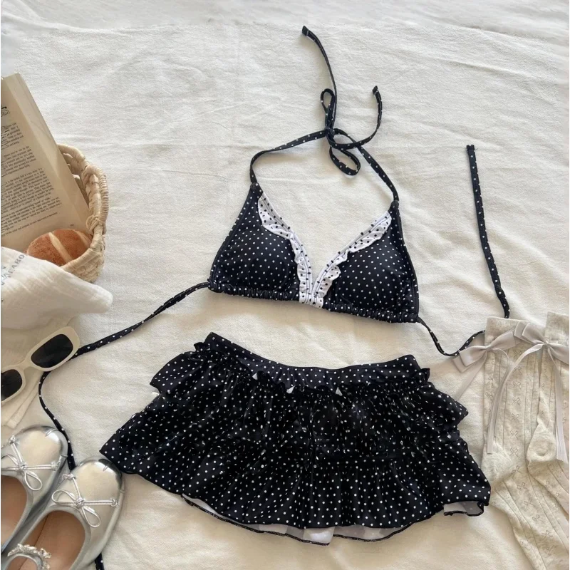 Damen Y2K weißer Spitzen-Tankini-Badeanzug, sexy schwarzes Bikini-Set mit Schnürung und Rüschen-Kuchenrock, Strand-Bademode, Urlaubs-Badeanzug