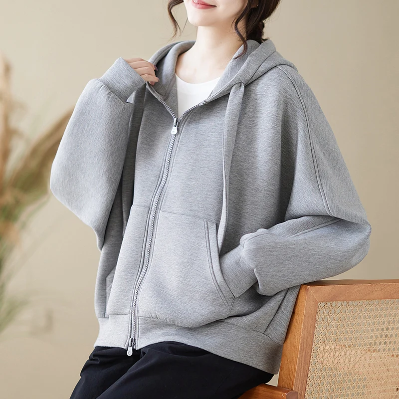 سويت شيرت نسائي بقلنسوة بتصميم خصر نحيف وسحاب أمامي وسترة خارجية متعددة الاستخدامات وبسيطة #3