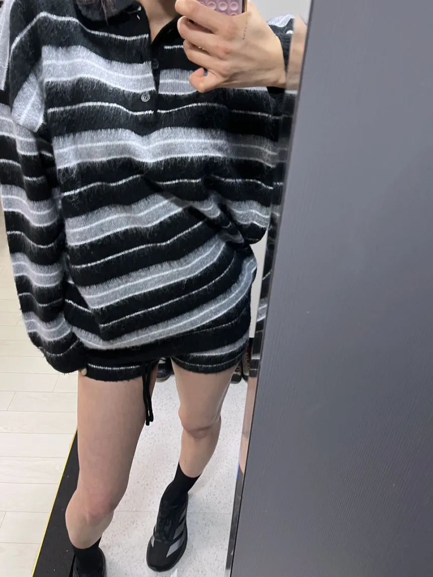 Pantaloncini lavorati a maglia in due pezzi autunno inverno da donna Set maglione ampio a maniche lunghe con colletto rovesciato + maglione con coulisse in vita