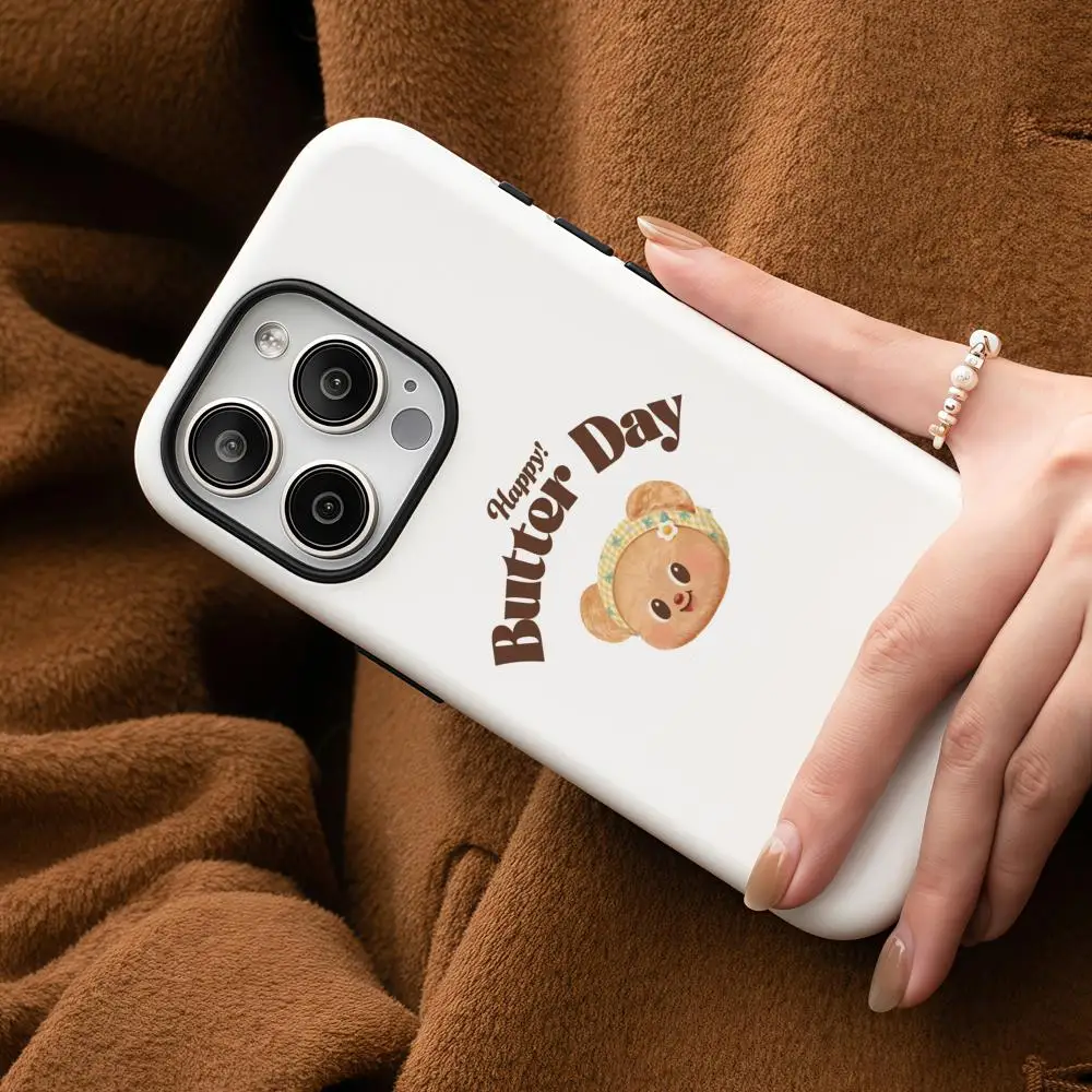 Etui na telefon Cartoon Butterbear do iPhone'a 17 16 15 14 13 12 Pro Max Plus, błyszczące, dwuwarstwowe, z płynną folią HD na tył, twarda obudowa.