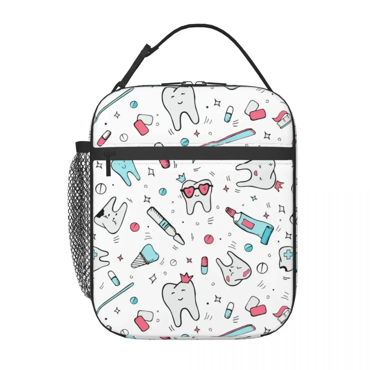 Dentist Cartoon Pattern Insulated Lunch Tote Bag for Women Teeth Brush Portable Cooler Thermal Bento Box School