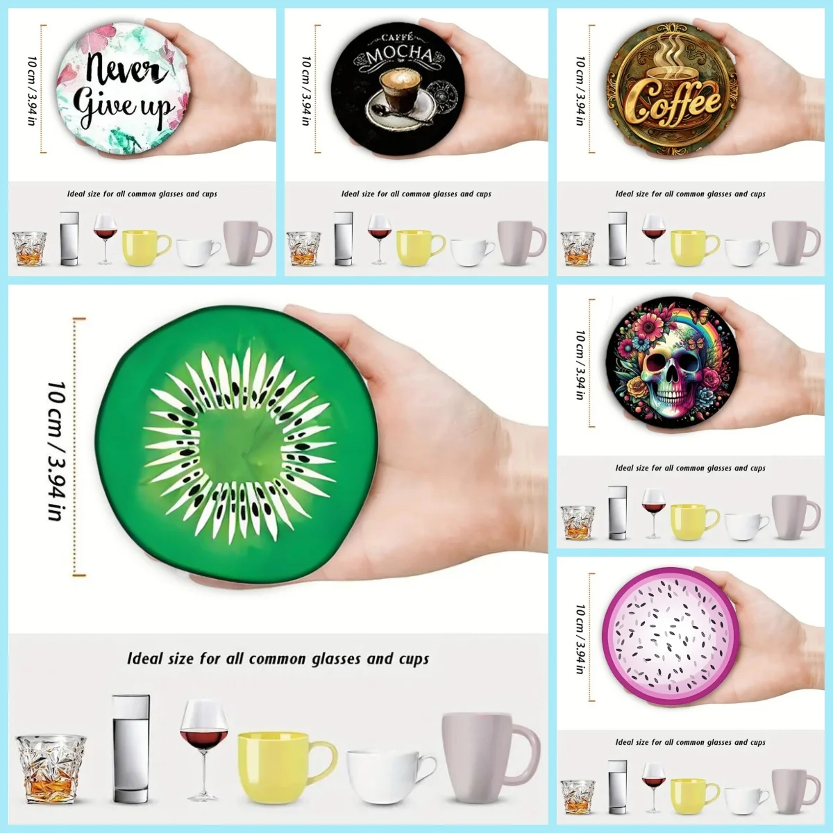 6/8 Pieces of Round Coaster Coffee Cup, Letters, Fruit Pattern, Wooden Material, Office Desktop Non-Slip Decoration, Holiday Gif