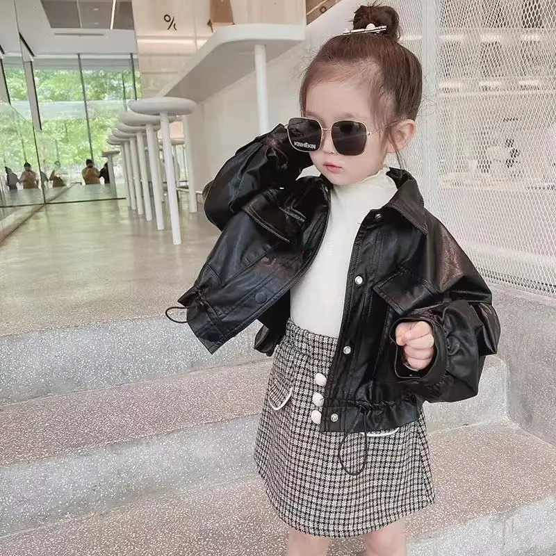 

Spring and Autumn Girls' Leather Jacket 2025 New Korean Edition Children's Drawstring Handsome Casual Short Coat 90-140CM