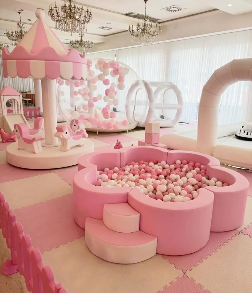 White Soft Play Equipment Set for Kids' Birthday Parties: Inflatable Castle, Ball Pit, and Slide (Foldable)
