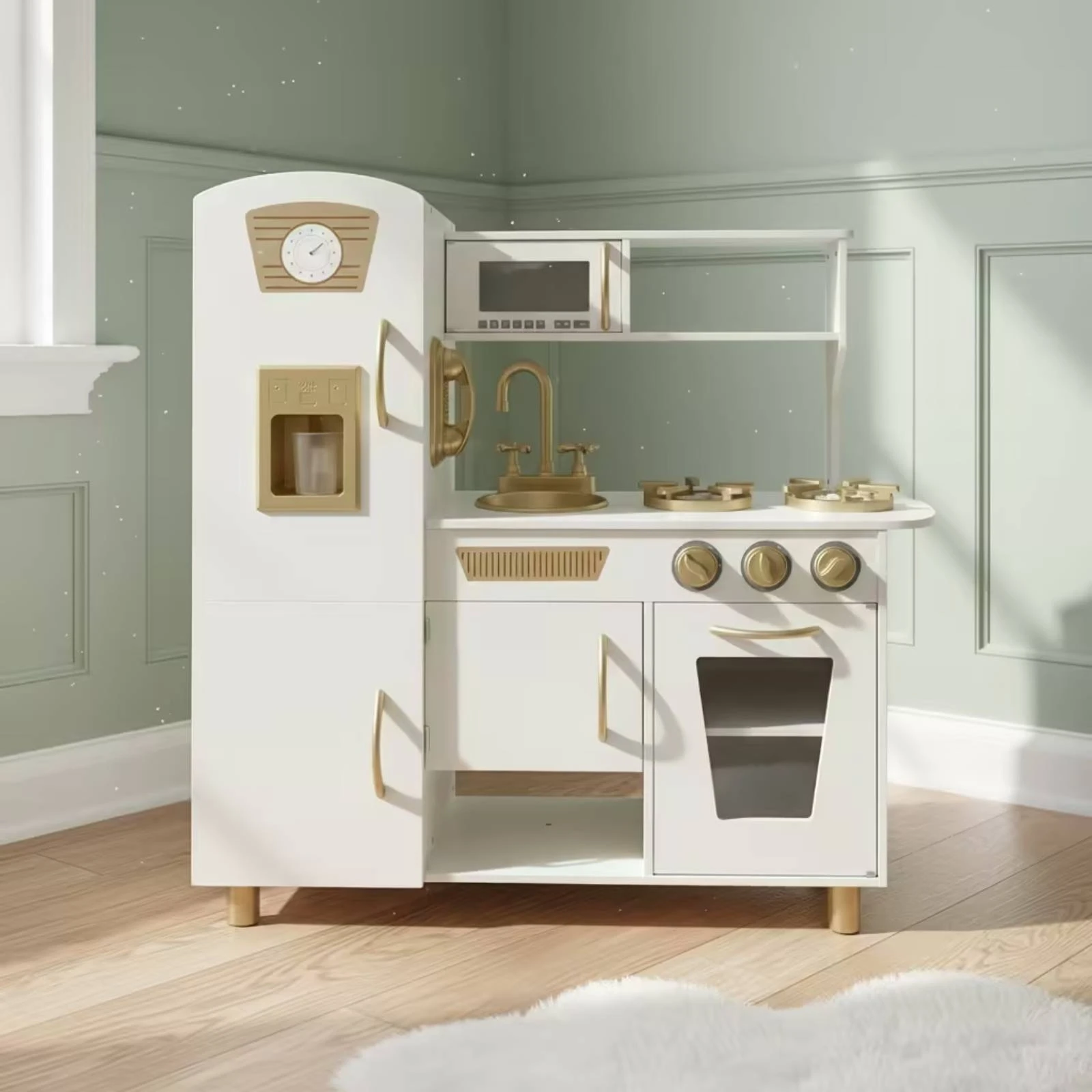 Wooden Play Kitchen Safe Pretend Kitchen Set Wooden Toy Fridge Child-Friendly Easy to Assemble for Children, Playroom, Classroom