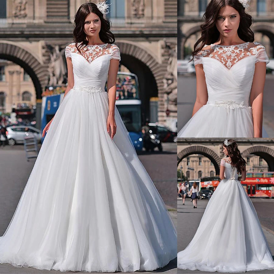 Wonderful Tulle A-Line ชุดแต่งงาน Ruched Tulle แขนสั้นชุดเจ้าสาวลูกไม้ขึ้นกลับ Vestido De Novia Princesa