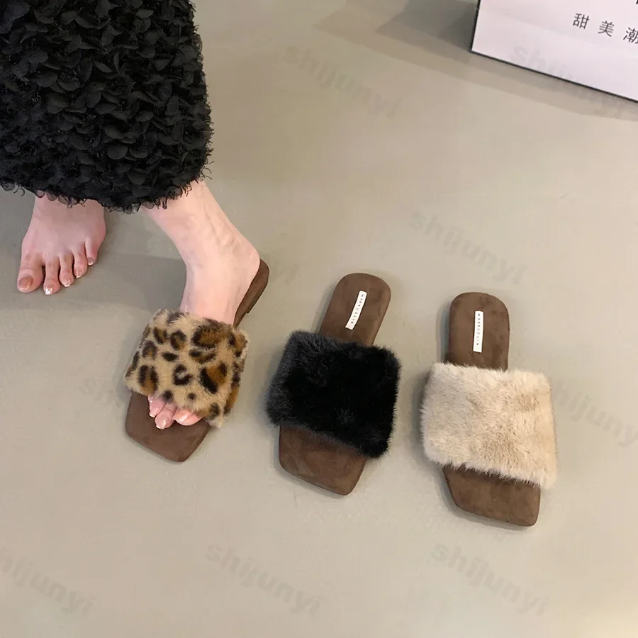 Plush House Slippers for Women Flat Sandals 2024 New Fashion Leopard Fuzzy Open Toe Slippers Anti Skid Ladies Slip on Mules