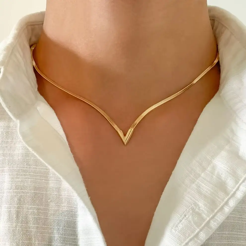 Ingemark Vintage Simple Flat Snake Chain Choker Necklace for Men Creative V Shape Pendant Clavicle Chain Male Punk Jewelry New
