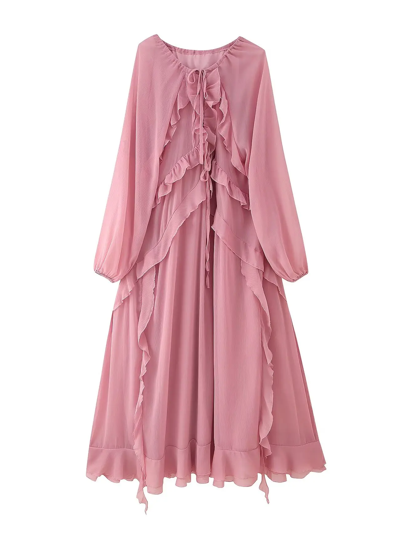 2025 novas mulheres elegante maxi longo rosa chiffon babados em camadas vestido senhora chique com decote em v lanterna manga solta em camadas vestidos robes