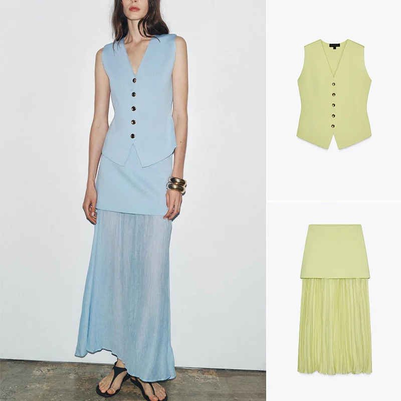 

Knitted Unadorned Vest 492003 49205 Small Pleated Patchwork Skirt 49206 Faionable Summer Set Women's Clothing