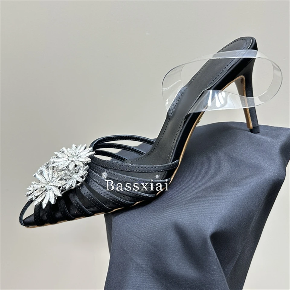 Strass fiore fibbia Decor sandali donna 8cm tacco alto sottile Sexy fascia stretta scarpe estive a punta 2024