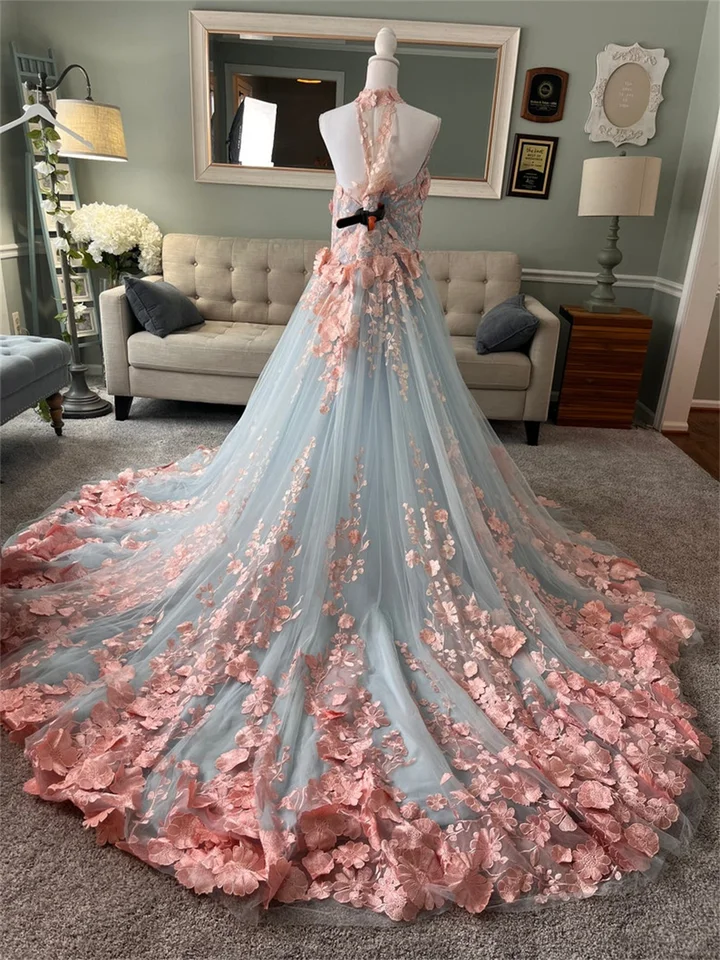 blue dress for baby girl Princess Hot Pink V-Neck Floral Tulle Long Prom Dress with Slit –  FancyVestido