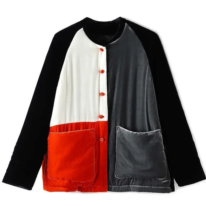 Winter New Velvet Cotton Womens Clothing Color Block Loose Jacket Women Warm Raglan Sleeve Coat Chinese Style