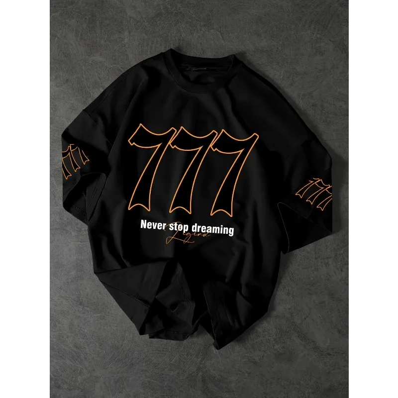 

Men's Fashionable and Casual Loose Round Neck T-shirt, Creative "777" Letter Print and Number Design T-shirt