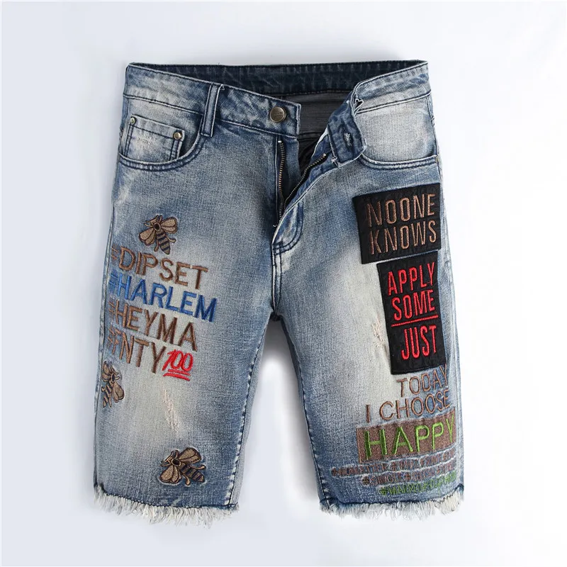 Summer Slim fit MEN'S denim shorts with trendy embroidery and trendy brand holes casual straight leg blue fashionable knee jeans