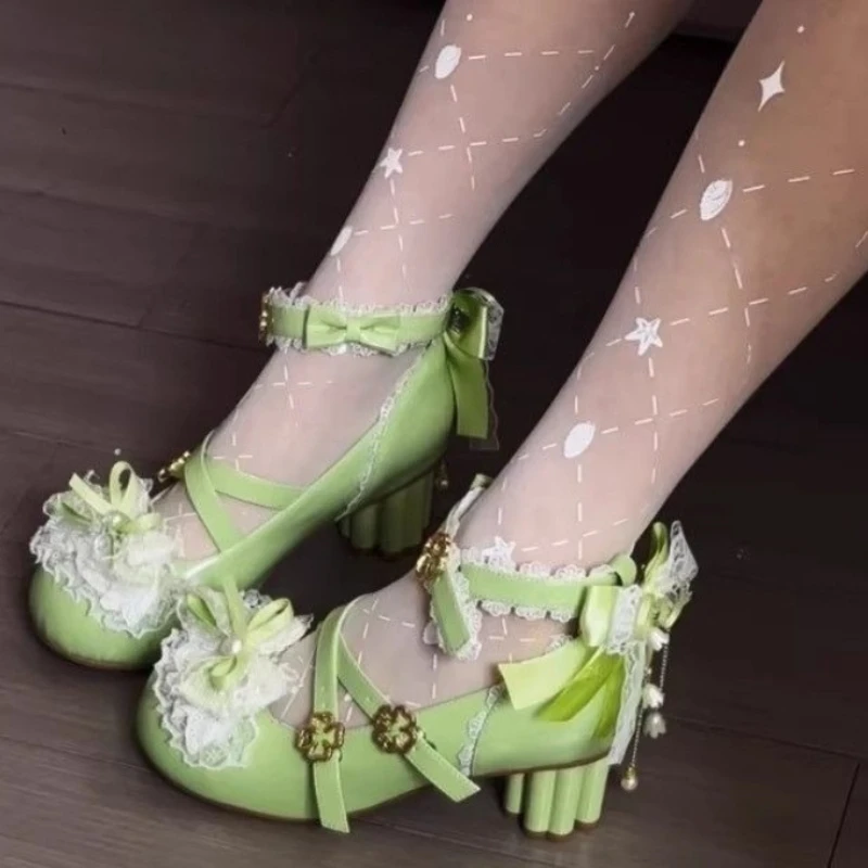 2026 New Lace Butterfly-knot Lolita Women Mary Jane Shoes Elegant Round Toe Thick Heel Shoes Japanese Ladies Fashion Dress Pumps