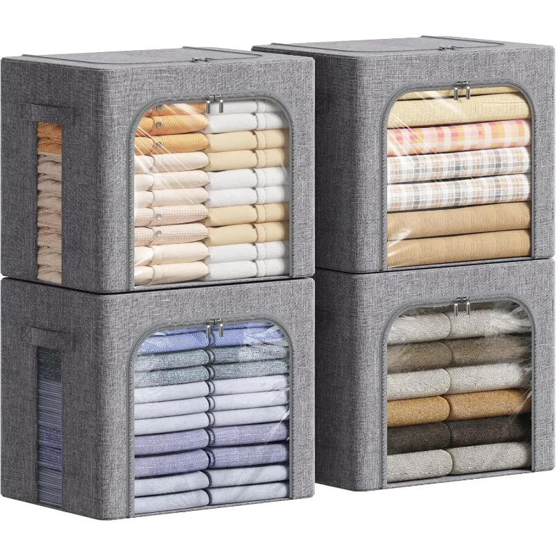 

Clothes Storage Bins with Metal Frame, Stackable Storage Box, Foldable Clothing Bins with Lids, 40L Bags