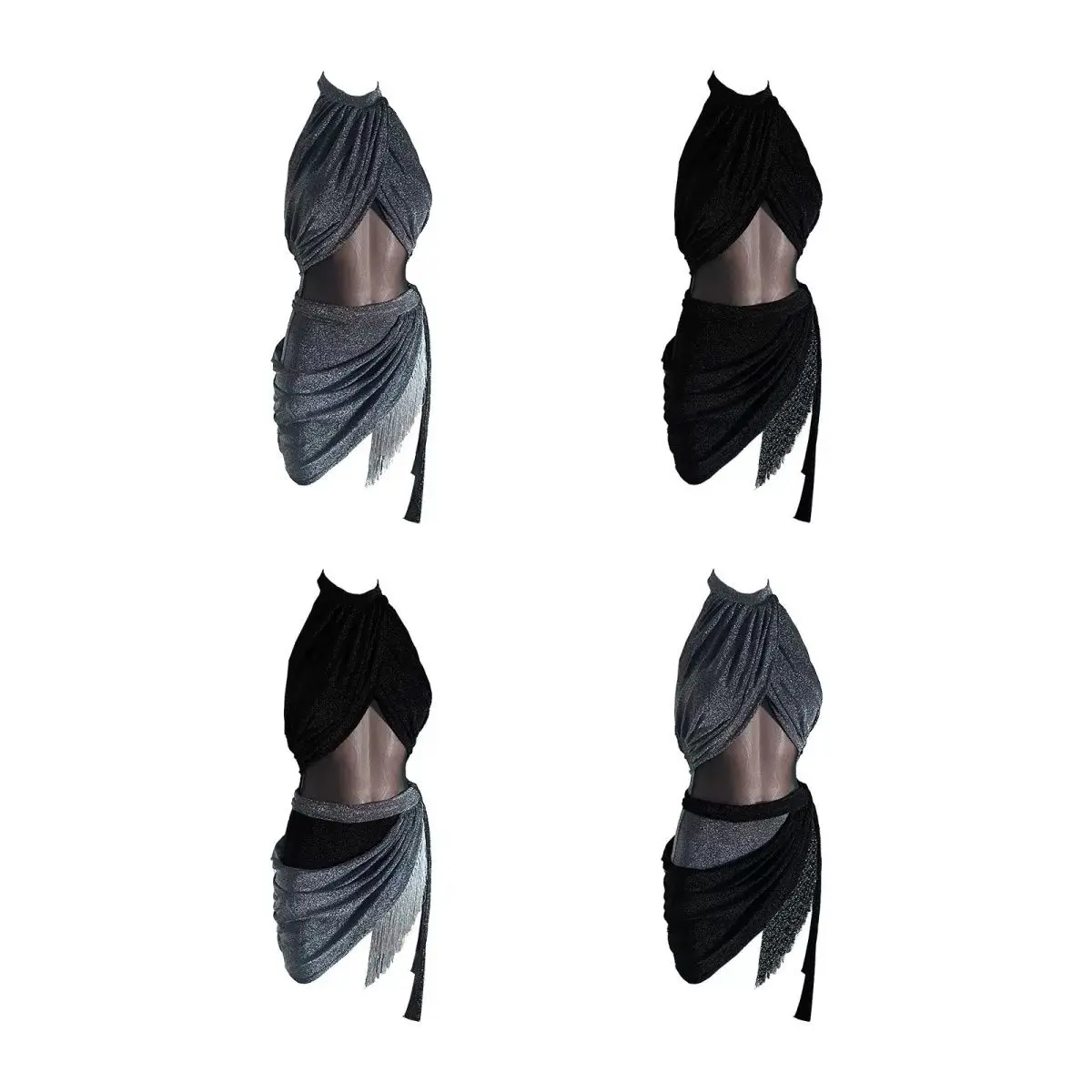 Women Latin Dance Dress Suit Shiny Sleeveless Backless Top Fringed Skirt Samba Chacha Rumba Ballroom Training Performance Set