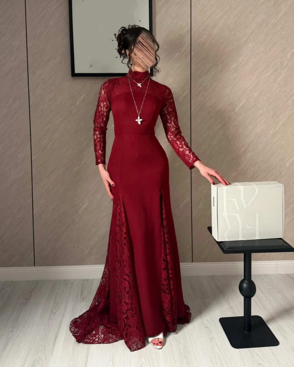 

Customized Elegant Women Jersey Lace Ruched Mermaid Evening Dresses Fashion High Collar Long Sleeves Floor Lenght Prom Dresses