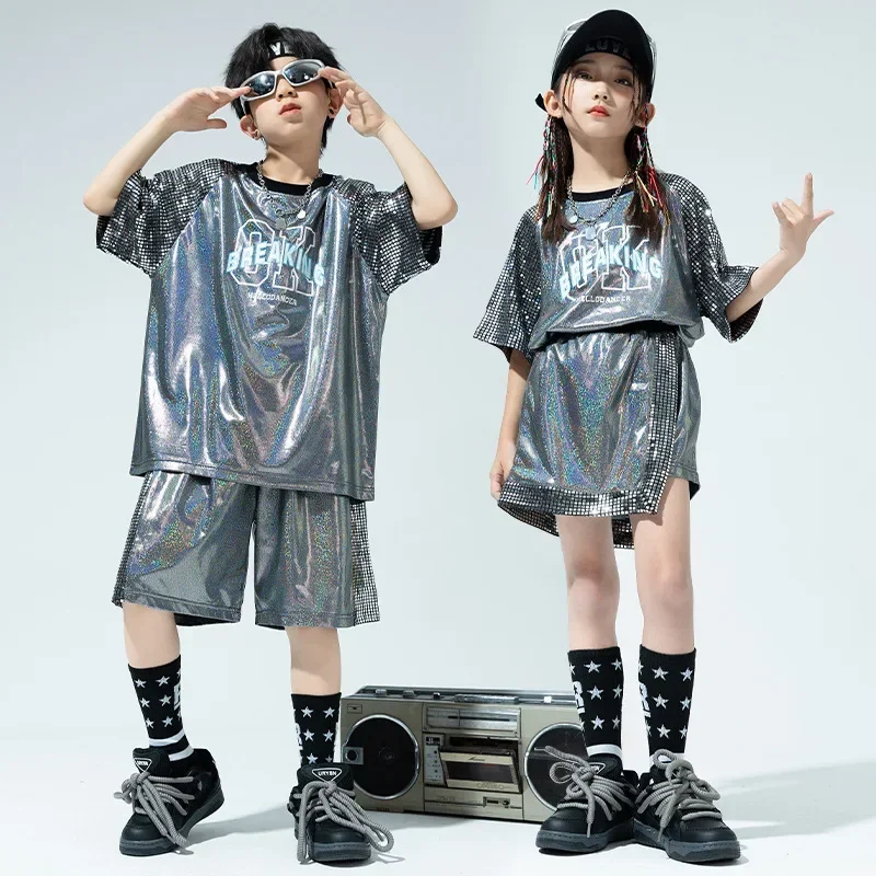 

Boys Hip Hop T Shirt Girl Jazz Shorts 2 Pcs Set Kids Sequin Shine Street Dance Cheerleading Stage Performance Uniform