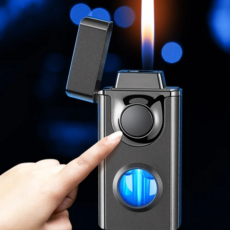 Intelligent Voice Controlled Dual Fire Butane Gas Lighter 4 Ignition Modes Blue Light Visible Gas Window USB Electric Lighters