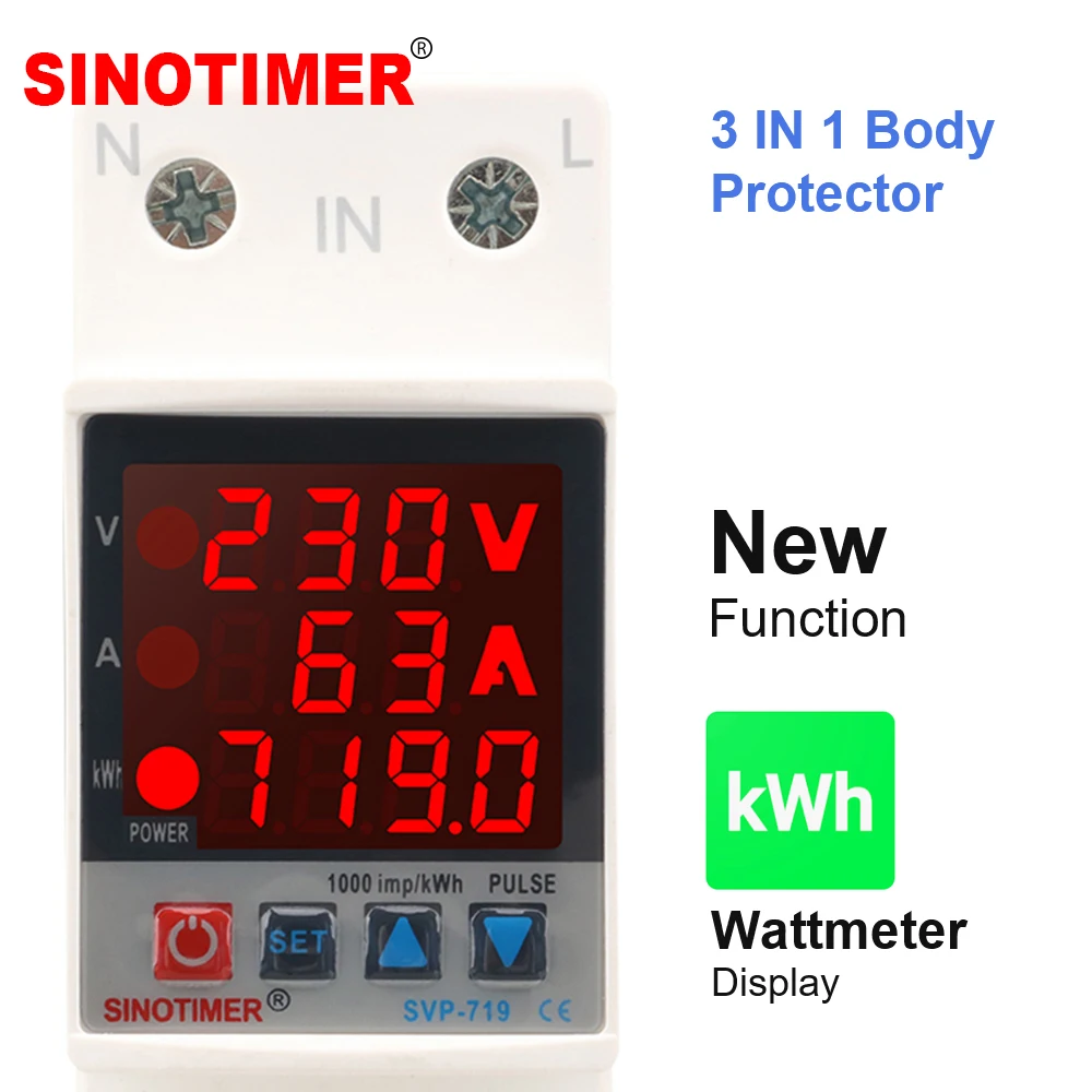 Brand New 3 IN1 Display Adjustable Over Under Voltage Surge Protector Relay Over Current Protect Wattmeter KWH Power Consumption